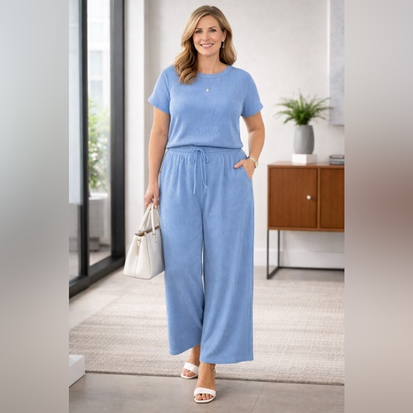 Umgee Pants - Umgee Blue Knit Wide-Leg top/pant set